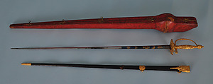Presentation Sword, Hilt by an unidentified goldsmith, mounted by the workshop of Veuve Guilmino, Versailles, Sword: partly blued steel, gold hilt; scabbard: black-painted leather and gold; case: wood covered with morocco leather with gold tooling and lined with chamois; brass, French